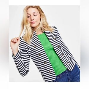 TOMMY HILFIGER Size L Striped Puff-Sleeve Band Jacket Poe. Blazer Blue White